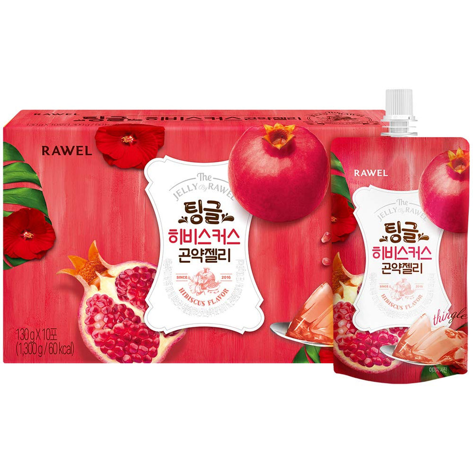 RAWEL Thingle konjac jelly box front shows hibiscus pomegranate flavor, zero sugar option