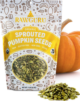 RawGuru Sprouted Pumpkin Seeds close-up, a crunchy, protein-rich snack.