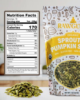 RawGuru packaging shows organic sprouted pumpkin seeds, ready to enjoy.