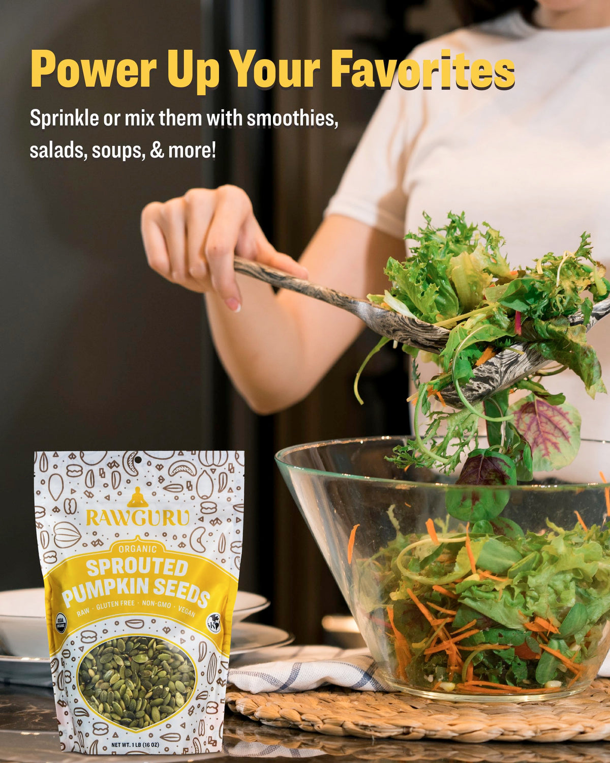 RawGuru seeds sprinkled on salad, adding texture and nutrition.