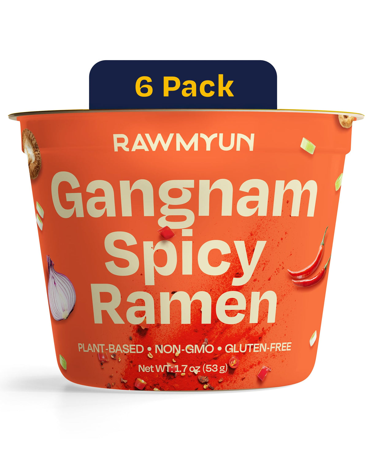 Rawmyun Gangnam Spicy cup bowl, bold flavor for spicy noodle fans.