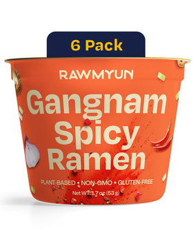 Rawmyun Gangnam Spicy cup bowl, bold flavor for spicy noodle fans.