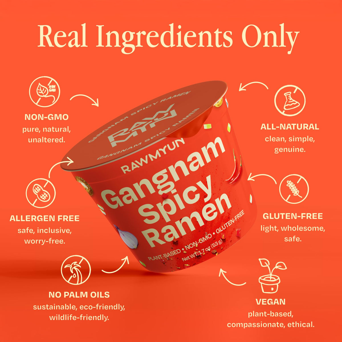 Rawmyun gluten-free vegan ramen cup, clean ingredients highlight.