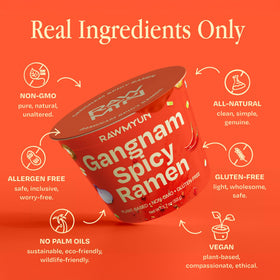 Rawmyun gluten-free vegan ramen cup, clean ingredients highlight.