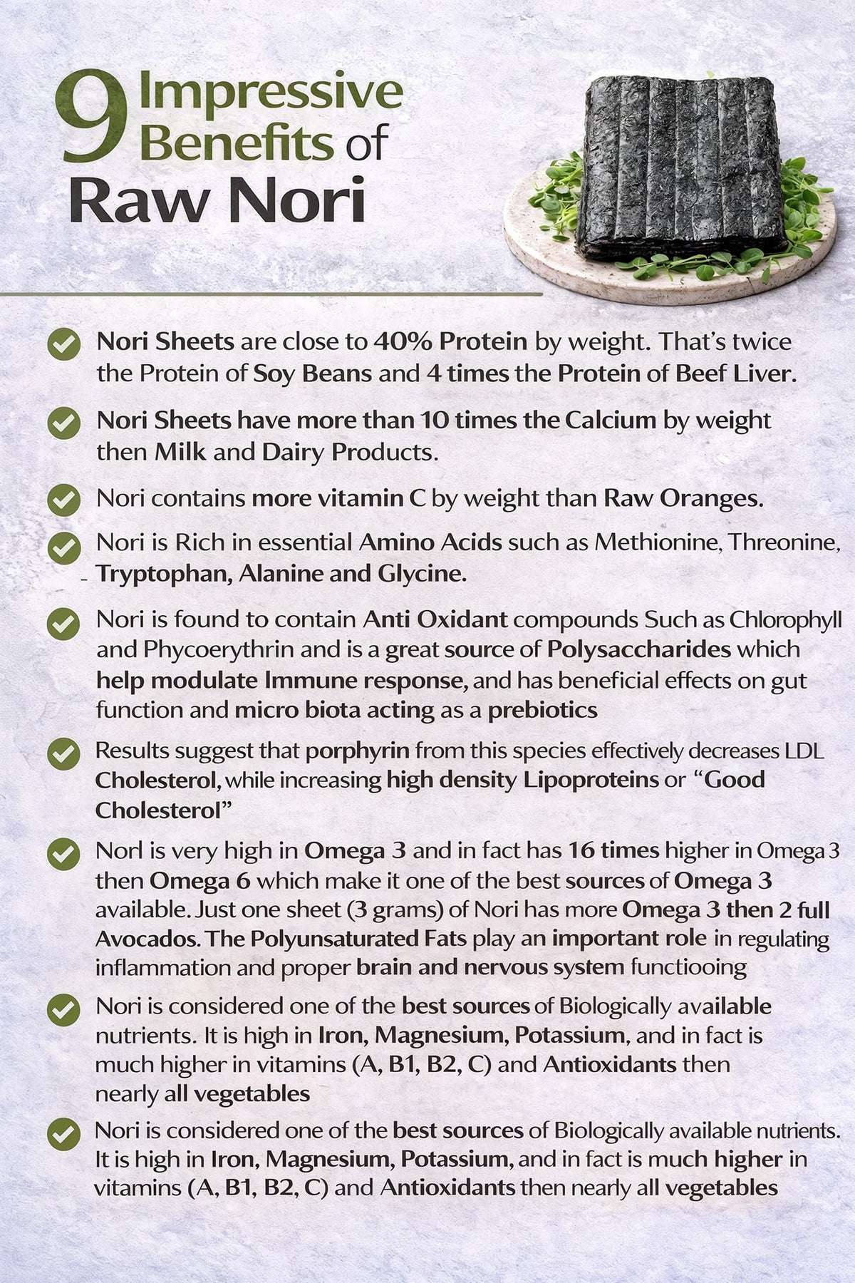 Rawnori provides iron and protein in meals.