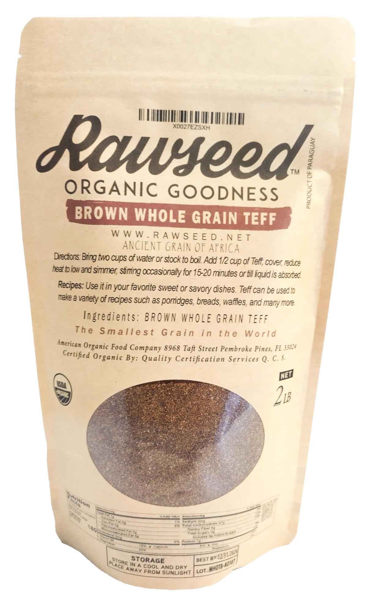 Rawseed Organic Brown Teff packaging shown, ideal pantry storage and freshness.