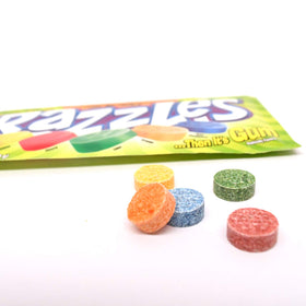 Razzles five flavors blue raspberry cherry lemon lime orange close-up.