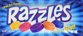 RAZZLES Original Candy/Gum box with 24 bags, convenient travel snack for sharing.
