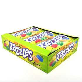 Razzles sour candy gum box 24 on display, dual-treat packaging.