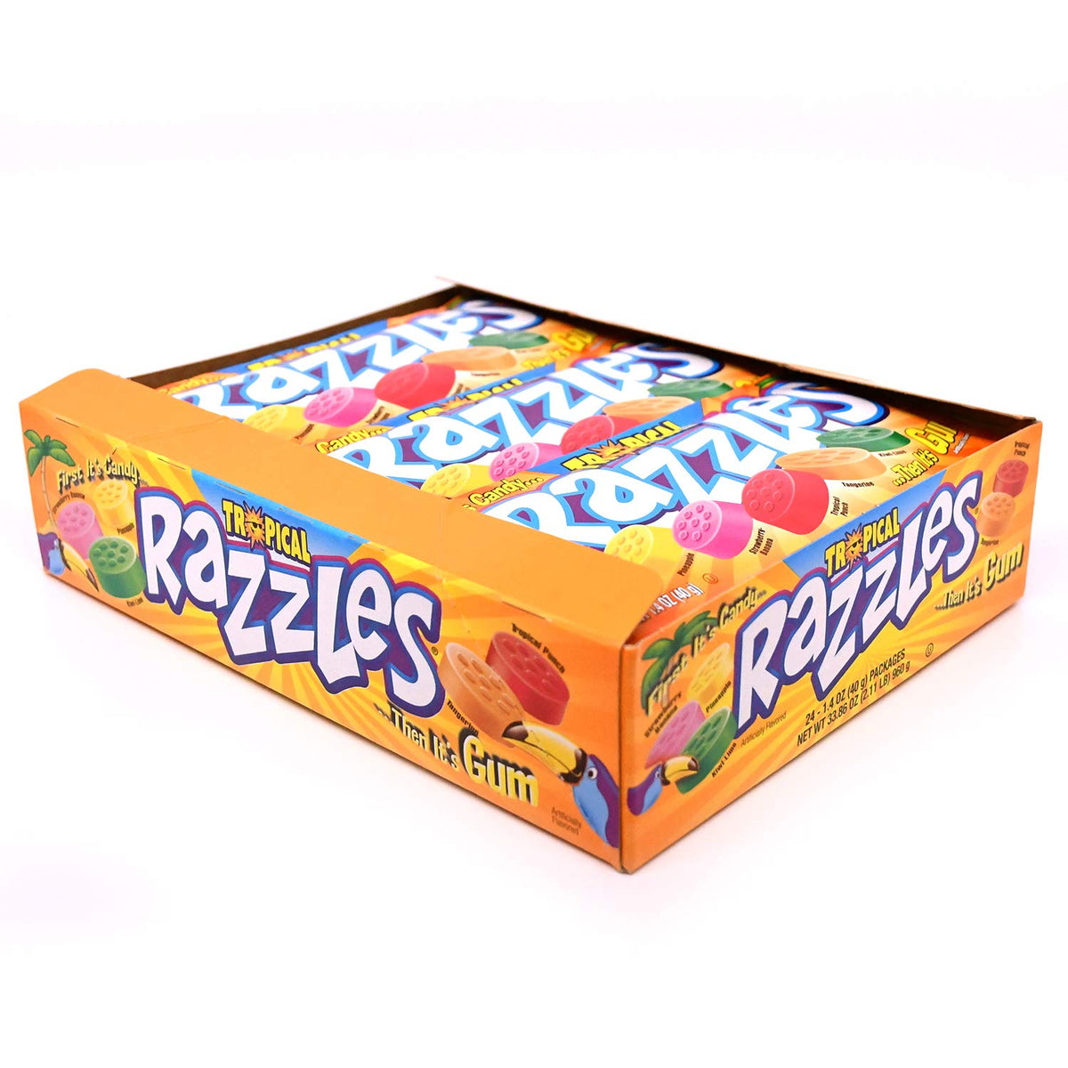 Razzles Tropical box front, 24-pack display for retail shelves