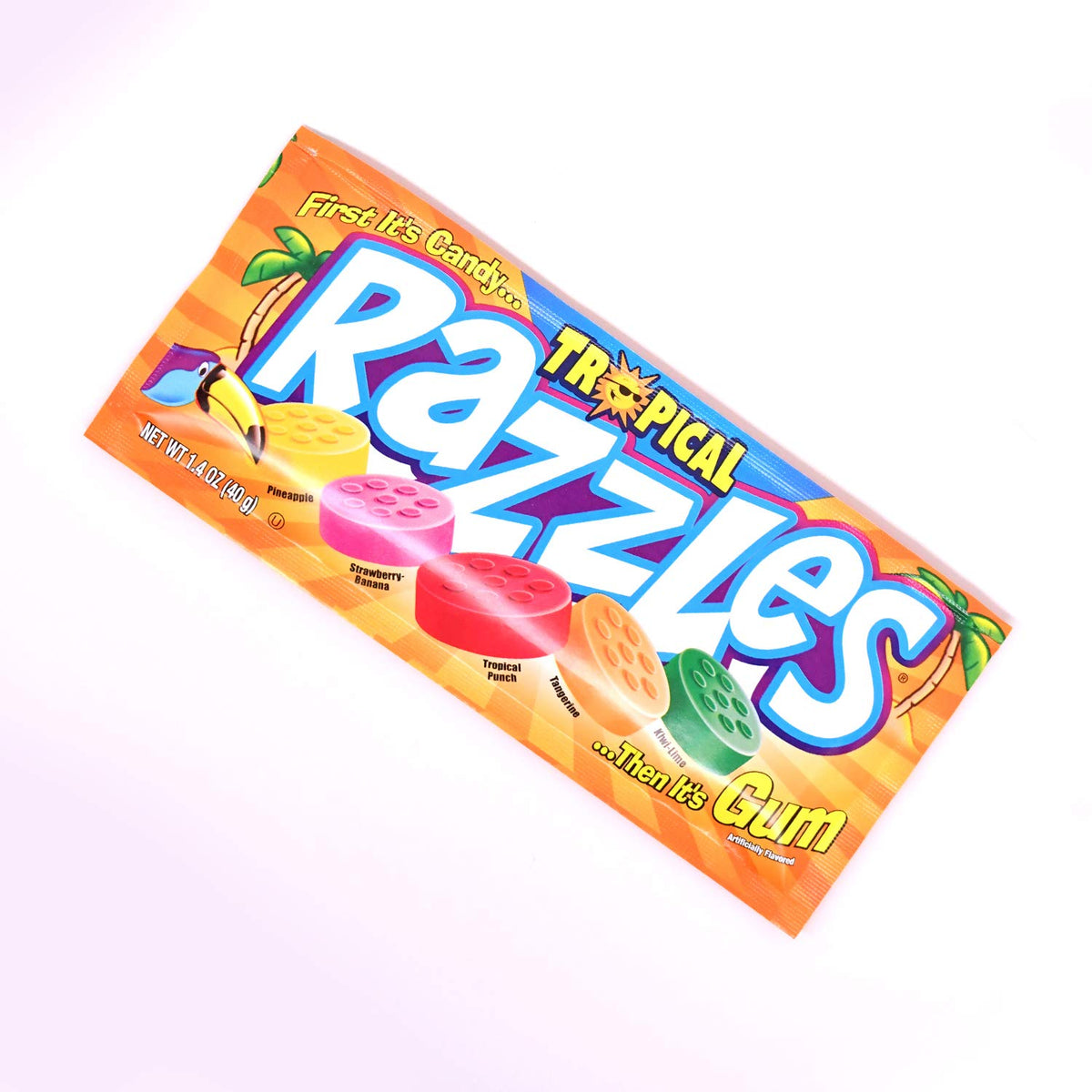 Razzles Tropical packaging bag showing reseal and serving size