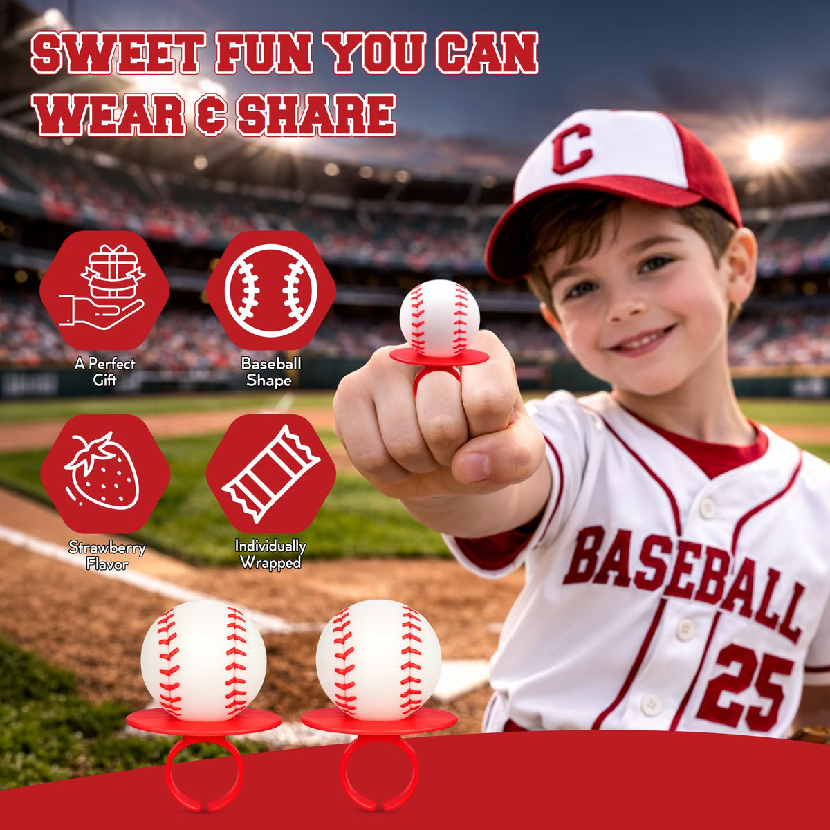 RBBZ Party baseball candy rings individually wrapped for freshness at events.
