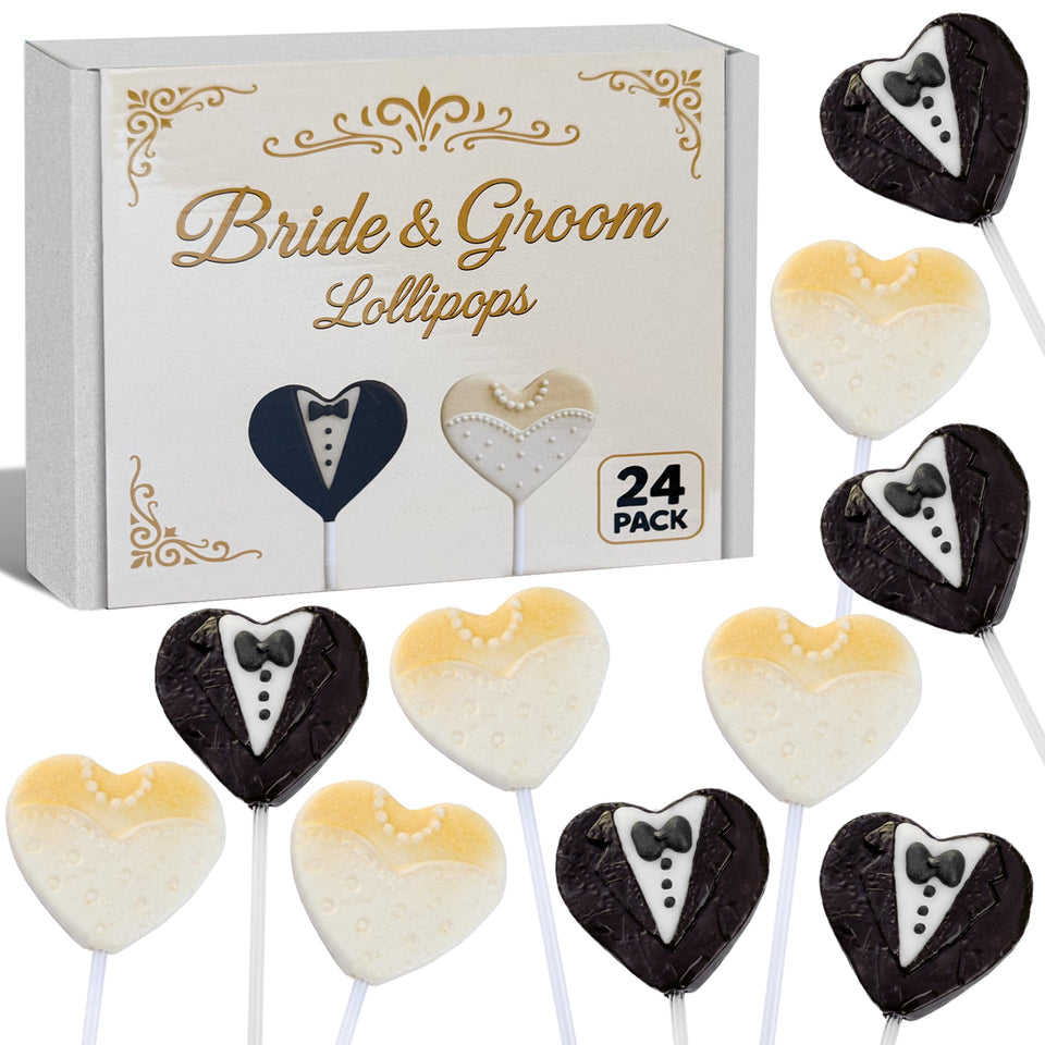 RBBZ Party bride and groom heart lollipops highlight elegant wedding favors for guests.