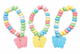 RBBZ Party butterfly candy bracelets close-up, adorable wearable treats for kids' parties.