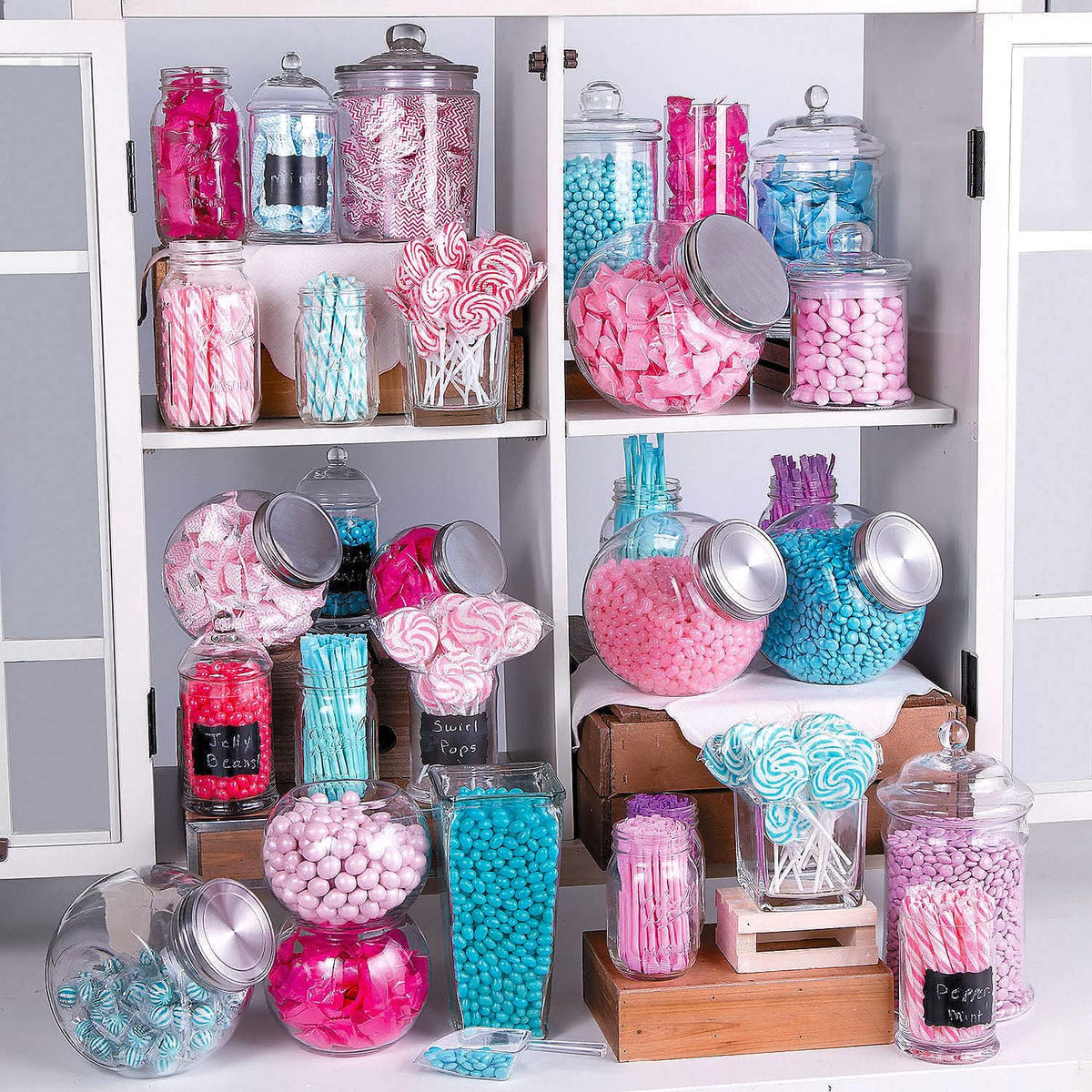 RBBZ Party candy buffet display with pink swirl lollipops