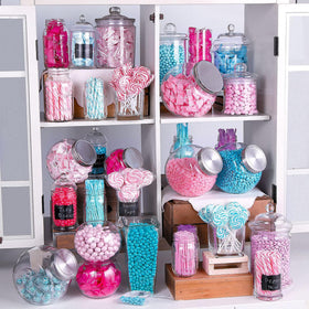 RBBZ Party candy buffet display with pink swirl lollipops