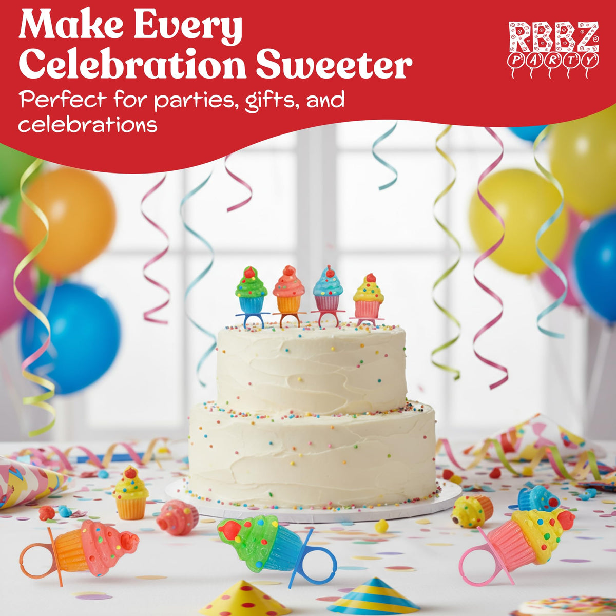 RBBZ Party Cupcake Candy Rings assorted colors — bright dessert table accents.