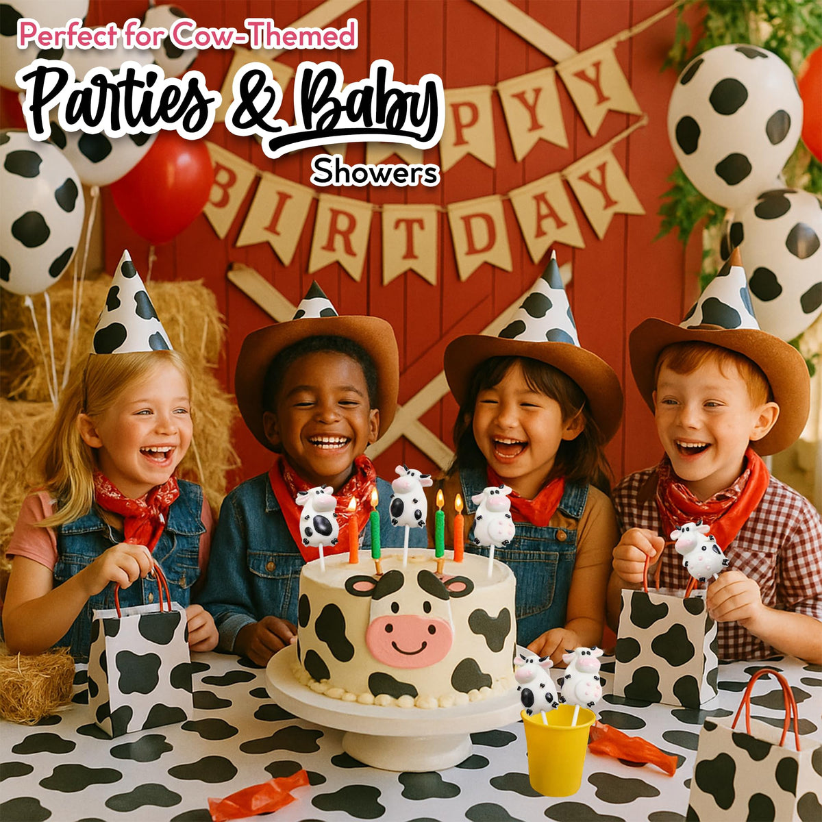 RBBZ Party farm decor with cow lollipops as table accents.