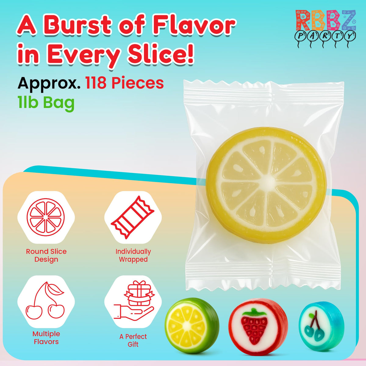 RBBZ Party kiwi flavor candy slices add color to treat tables.