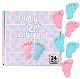 RBBZ Party gender reveal baby feet lollipops in pink and blue for stylish centerpiece.