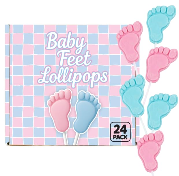 RBBZ Party gender reveal baby feet lollipops in pink and blue for stylish centerpiece.