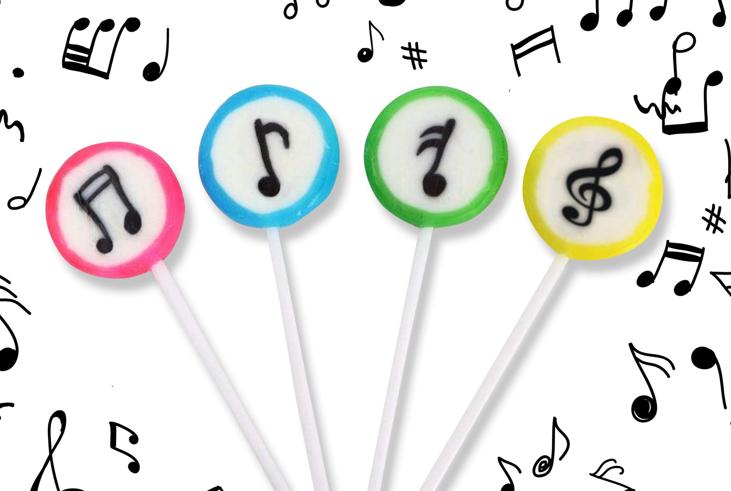 RBBZ Party music-note lollipop on a 4-inch stick, ideal for party favors.