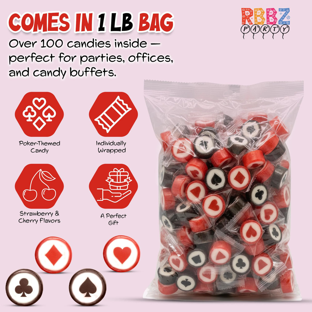 RBBZ Party party favor bags with bite-sized poker candies.