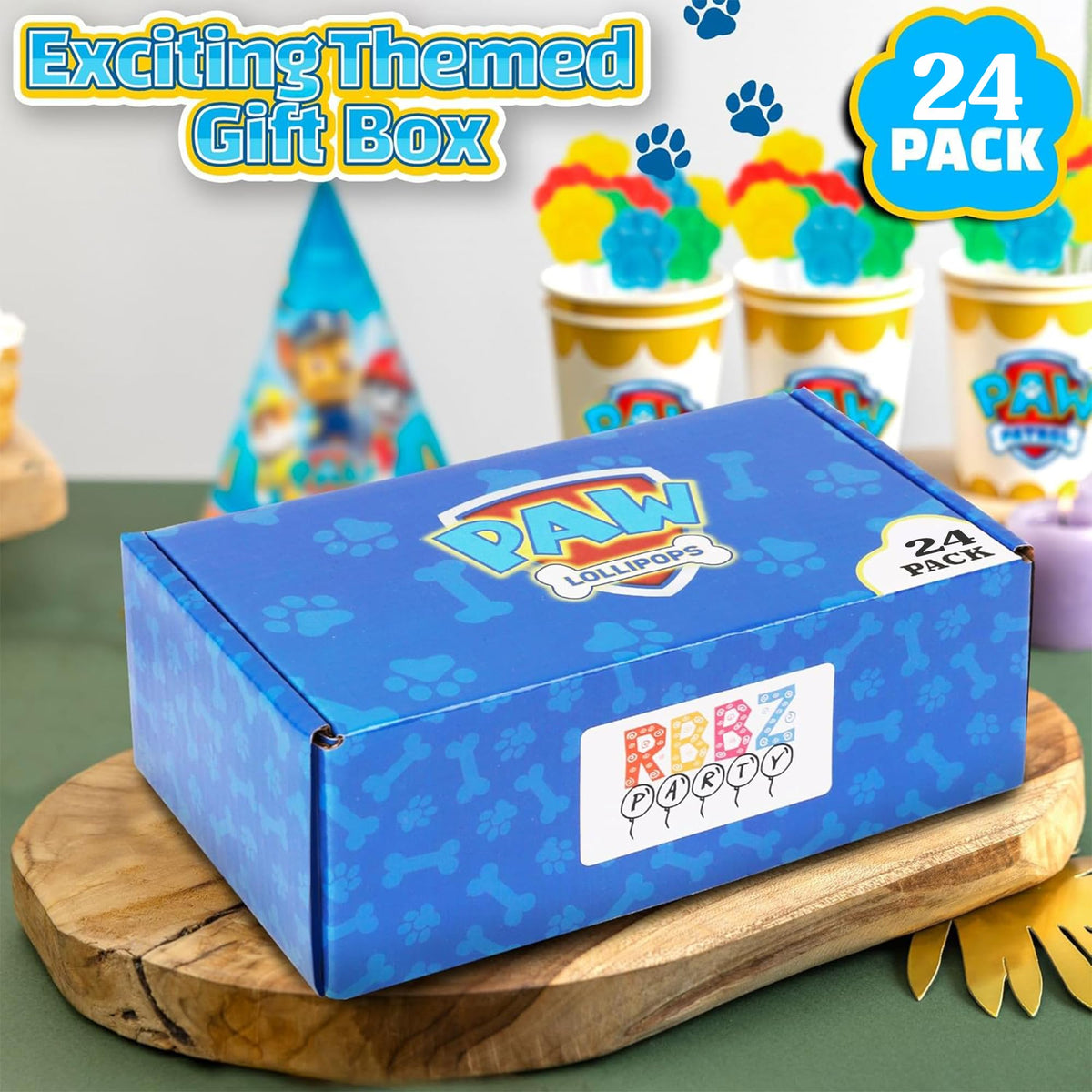 RBBZ Party Paw Lollipops 2-inch candy on a 4-inch stick for easy sharing.