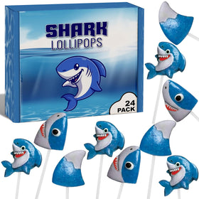 RBBZ Party shark lollipops 24-pack, wrapped for freshness, ideal for ocean party favors.