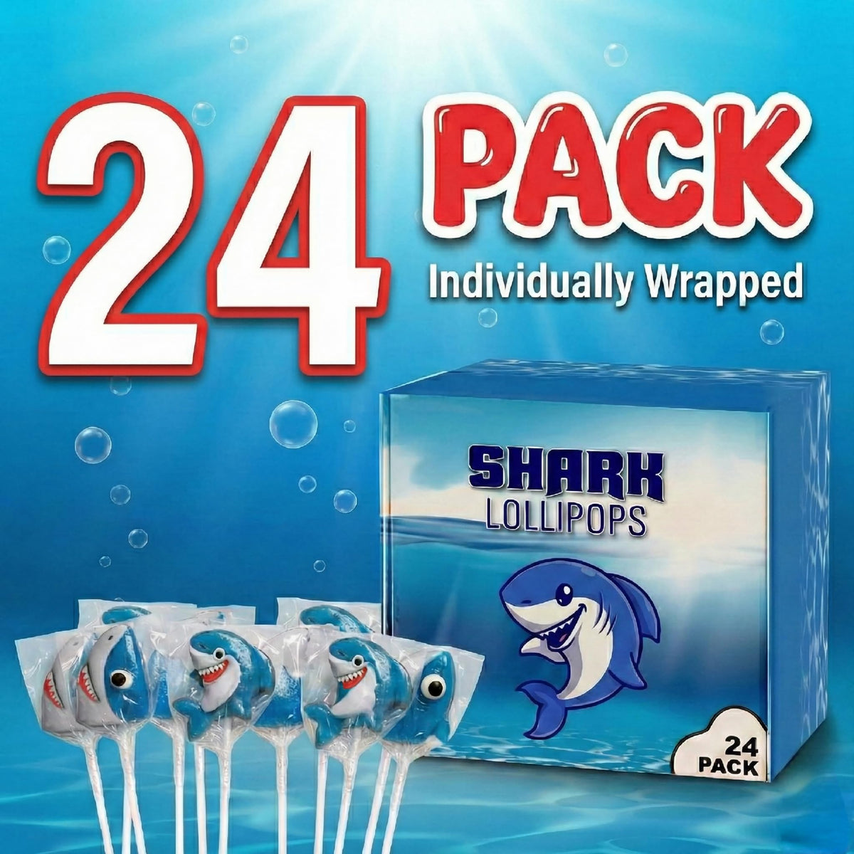 RBBZ Party shark-shaped candy lollipops, colorfully designed for Baby Shark celebrations.