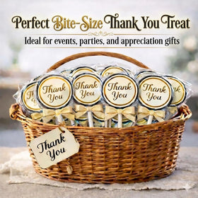 RBBZ Party swirl lollipops with gold bow closeup showing elegant guest-friendly design.