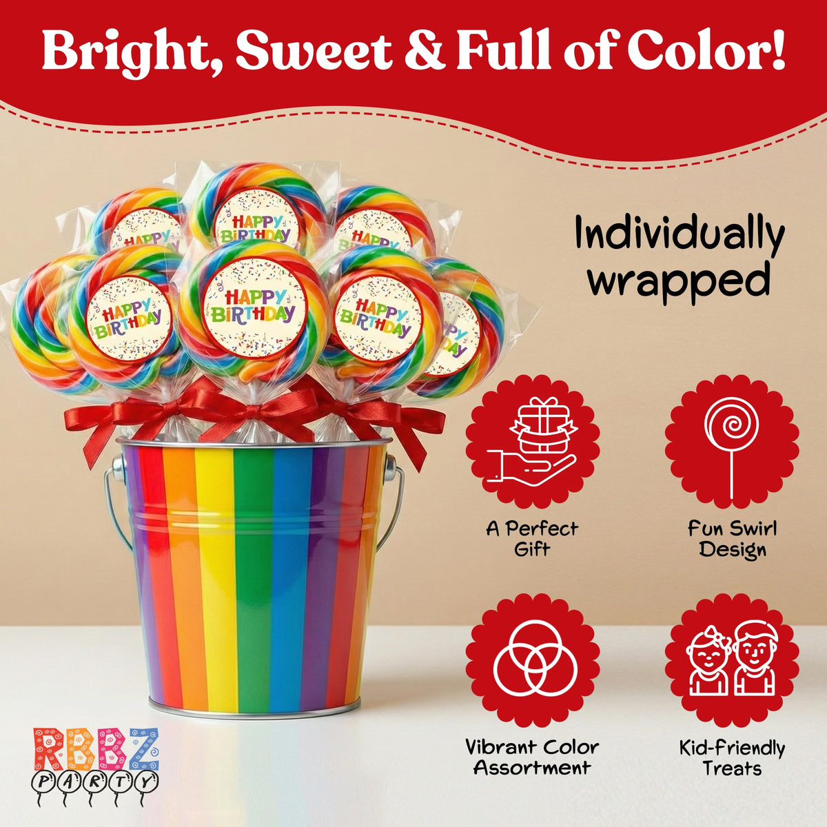 RBBZ Party swirl lollipops multicolor display bright on table