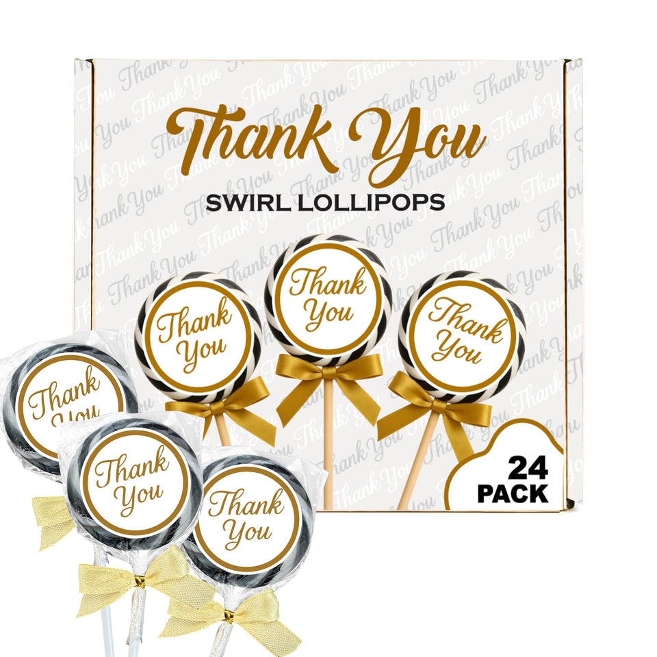 RBBZ Party thank you swirl lollipops with gold bow 24-pack for party favors.