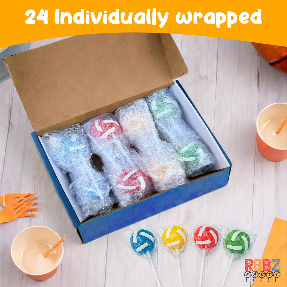 RBBZ Party Volleyball Candy Lollipops bulk pack ready for sharing.