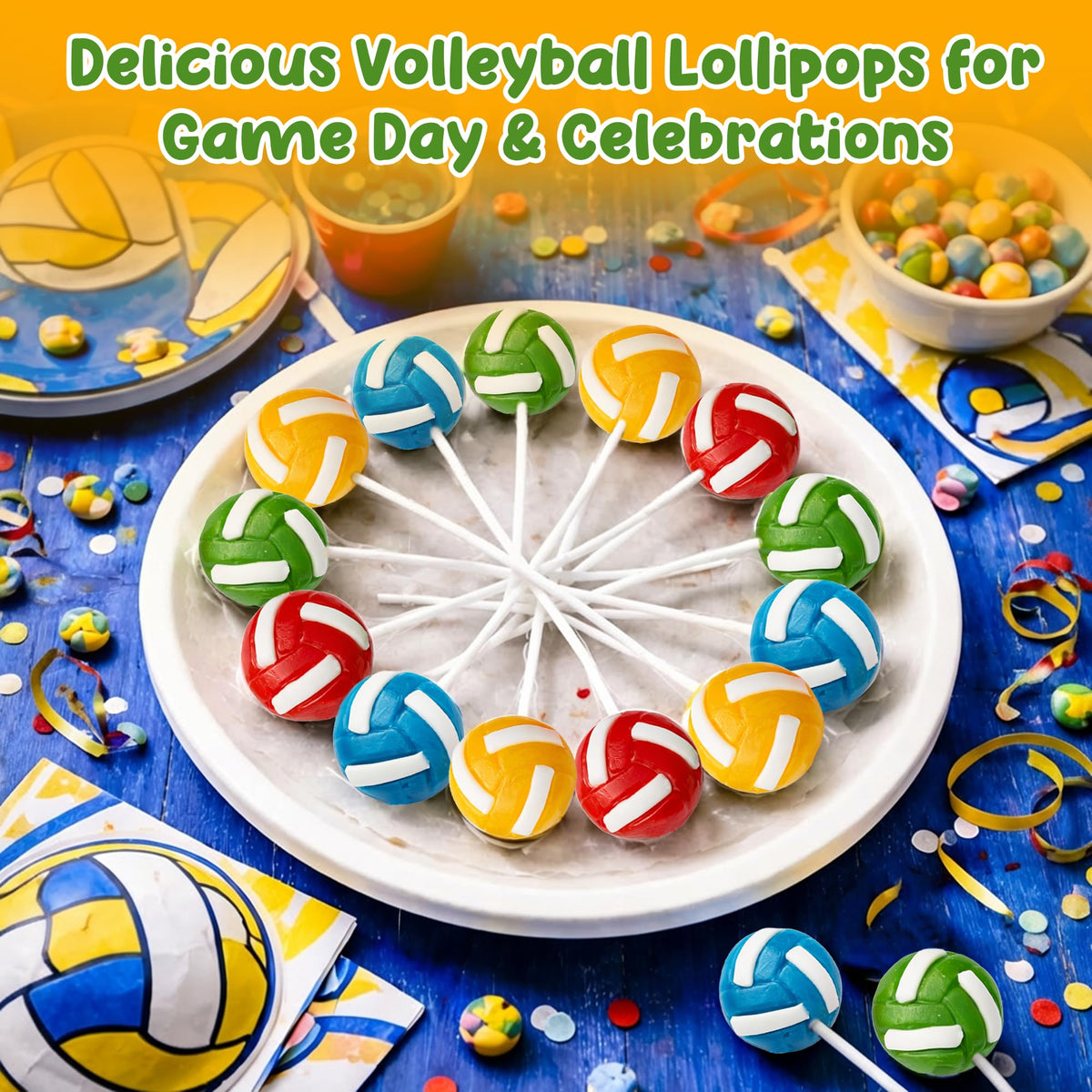 RBBZ Party Volleyball Candy Lollipops table setup with bright hues.