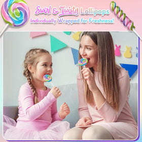 RBBZ Party candy buffet setup with pastel swirl lollipops on sticks for events.