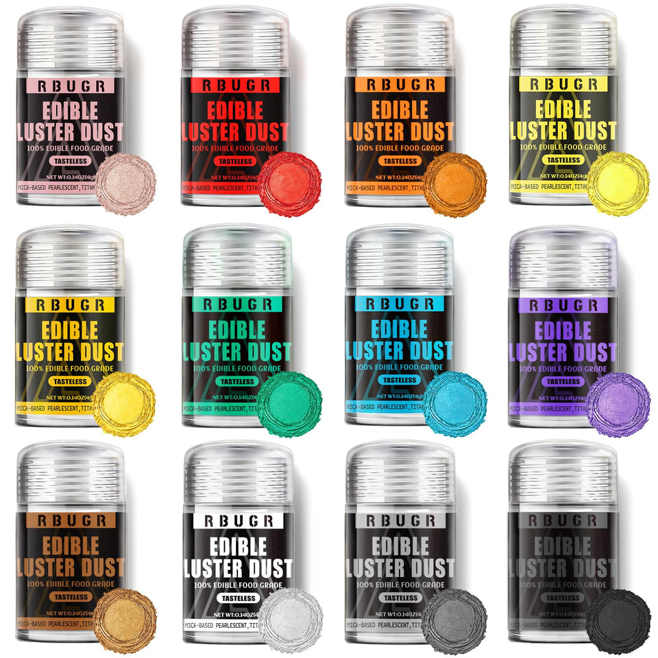 RBUGR Luster Dust 12 colors bottles for vibrant edible sparkle on desserts