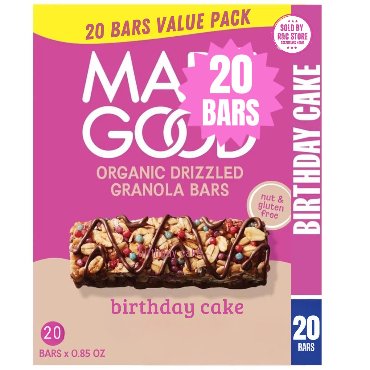 R&C Store Essentials Home Birthday Cake Drizzled Bars pack front view, gluten-free snack option.