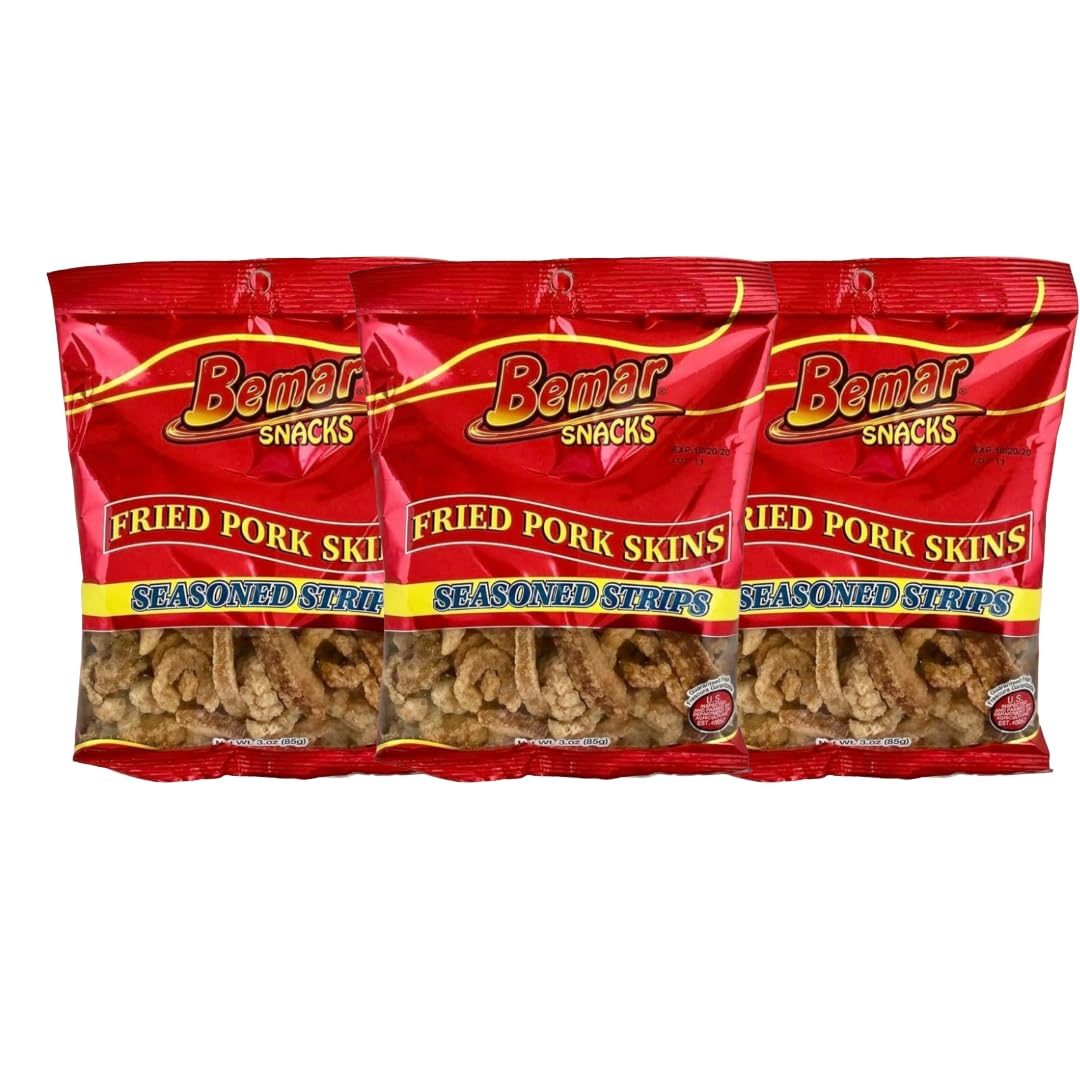 Bemar Snacks fried pork skins seasoned strips pack-shot, crispy on-the-go snack by RCP PRODUCTS.