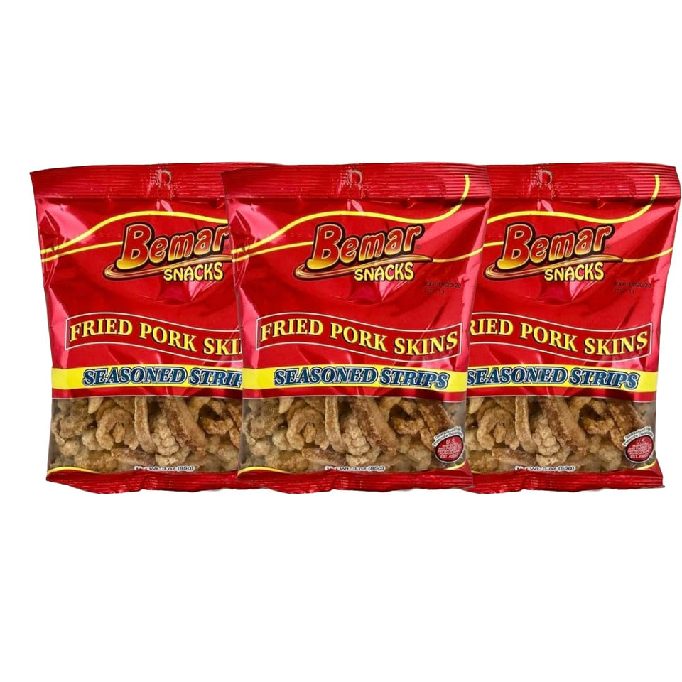 Bemar Snacks fried pork skins seasoned strips pack-shot, crispy on-the-go snack by RCP PRODUCTS.