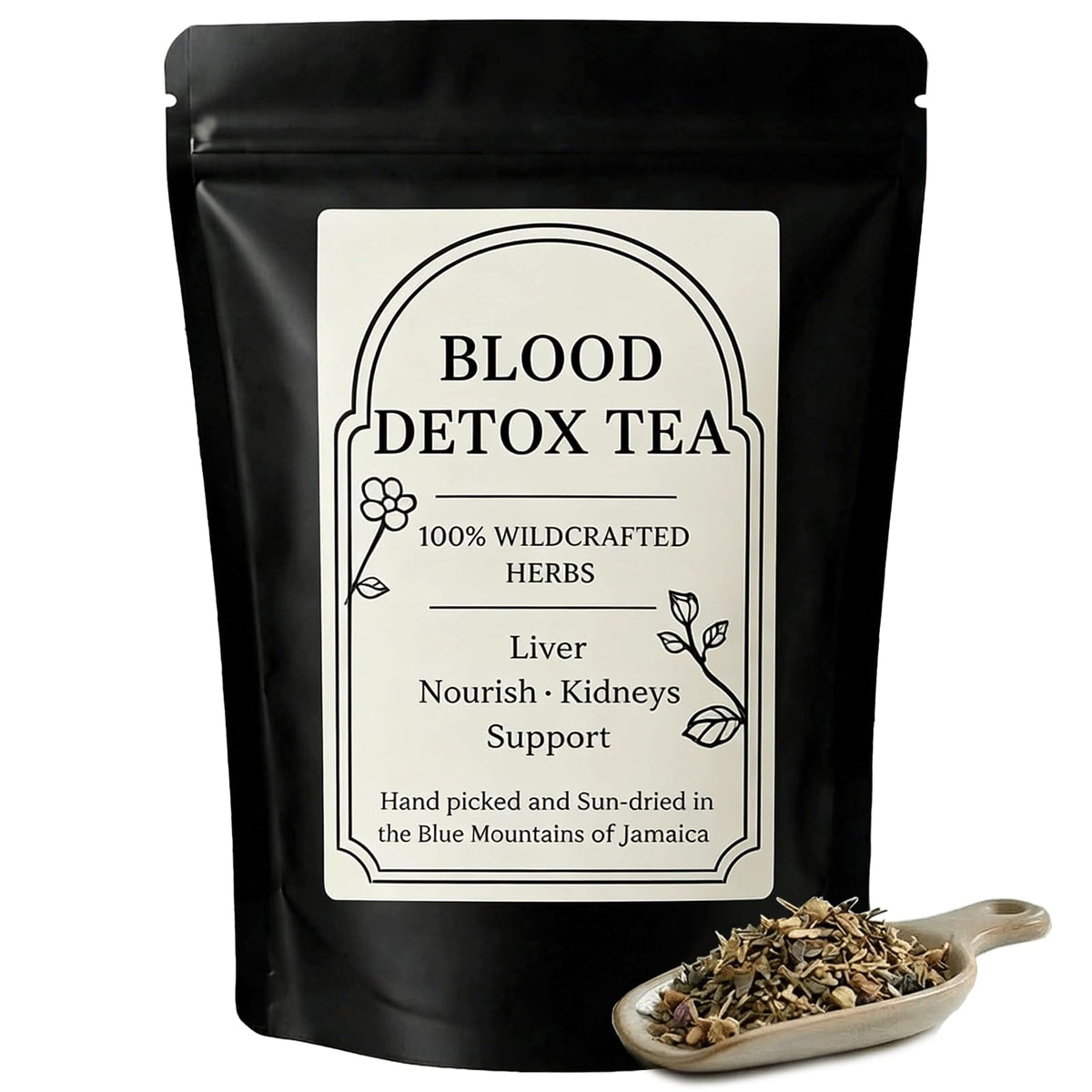 RCSCBC Blood Detox Tea Jamaica front label highlights natural ingredients for a calming, caffeine-free cup