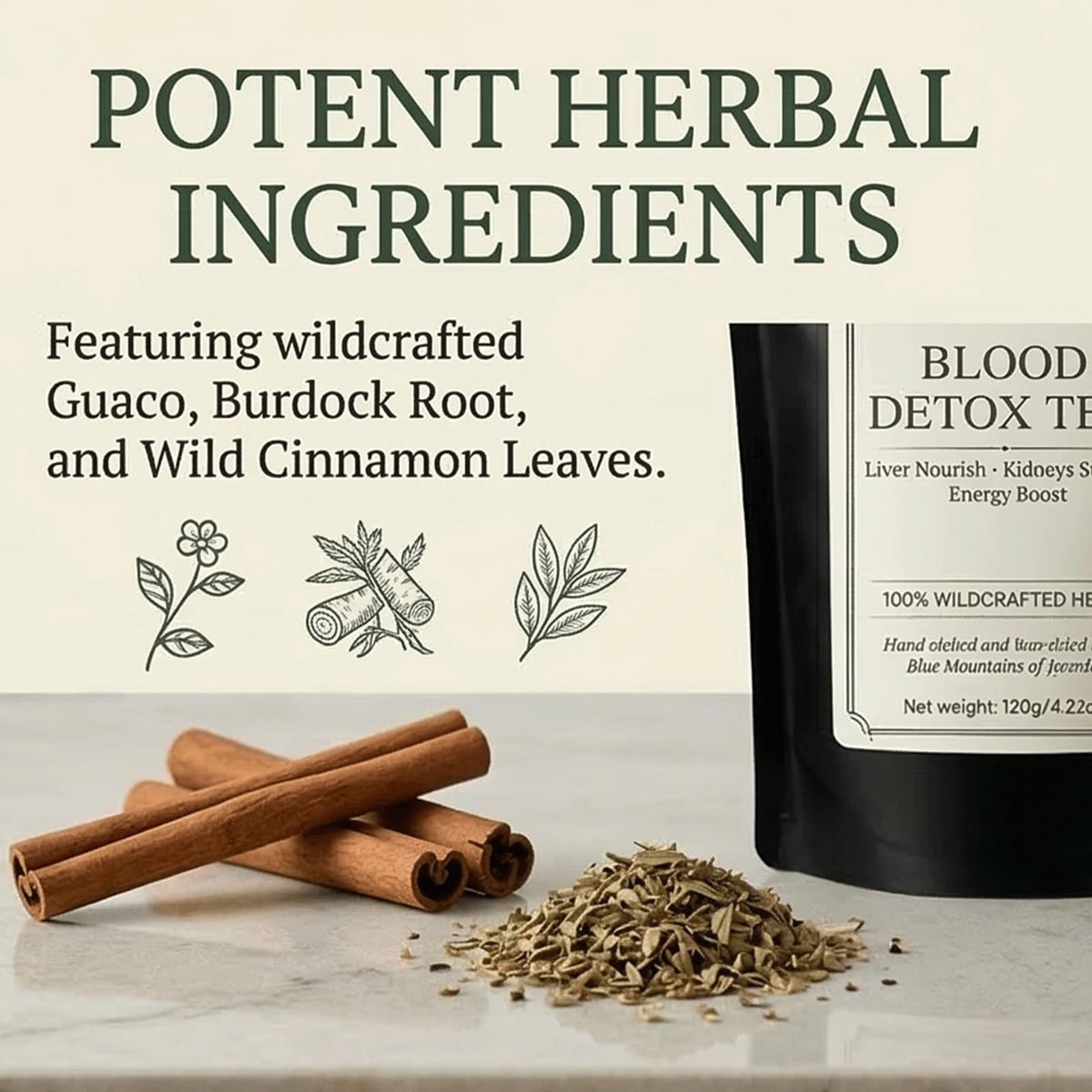 RCSCBC Blood Detox Tea Jamaica packaging on kitchen shelf signals a ready-to-steep ritual