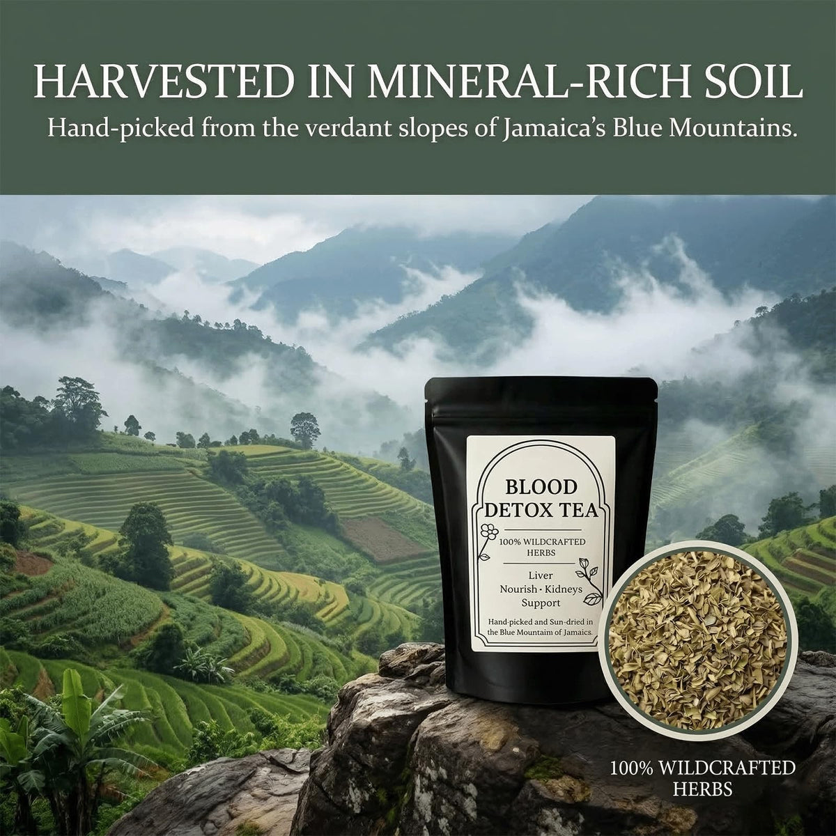 RCSCBC Blood Detox Tea Jamaica loose leaf close-up showcases herbs for a rich, aromatic brew