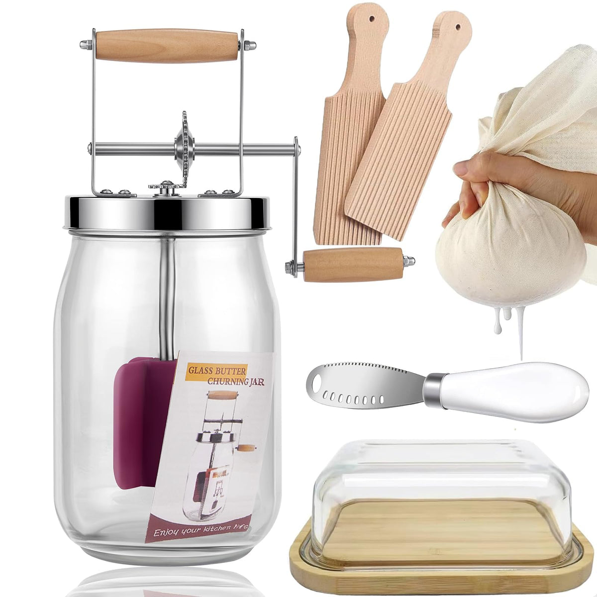 RDGDFONG Retro Butter Churn Kit with wooden crank handle for quick, fresh butter at home.