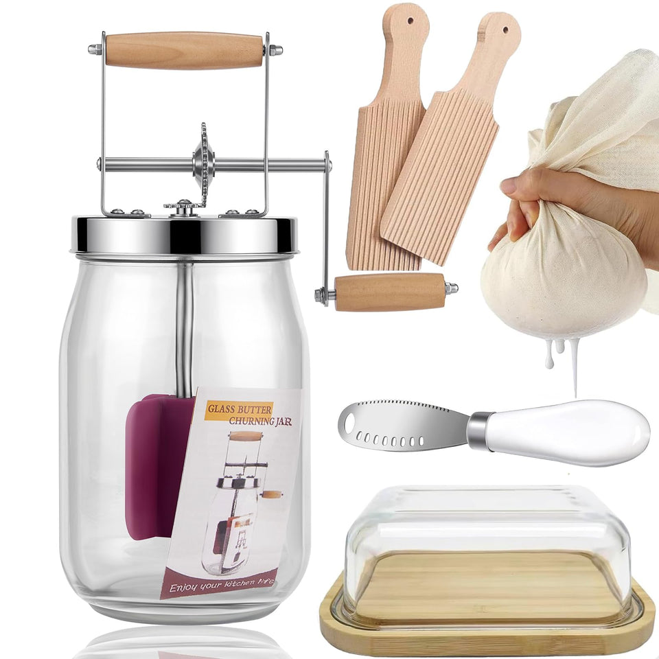 RDGDFONG Retro Butter Churn Kit with wooden crank handle for quick, fresh butter at home.