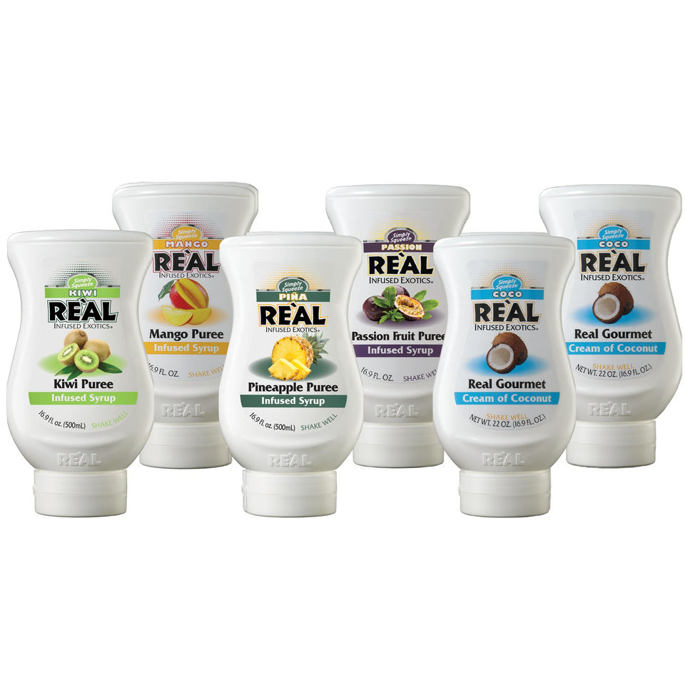 Reàl Infused Exotics coconut bottle pour highlights smooth flow for tropical drinks.