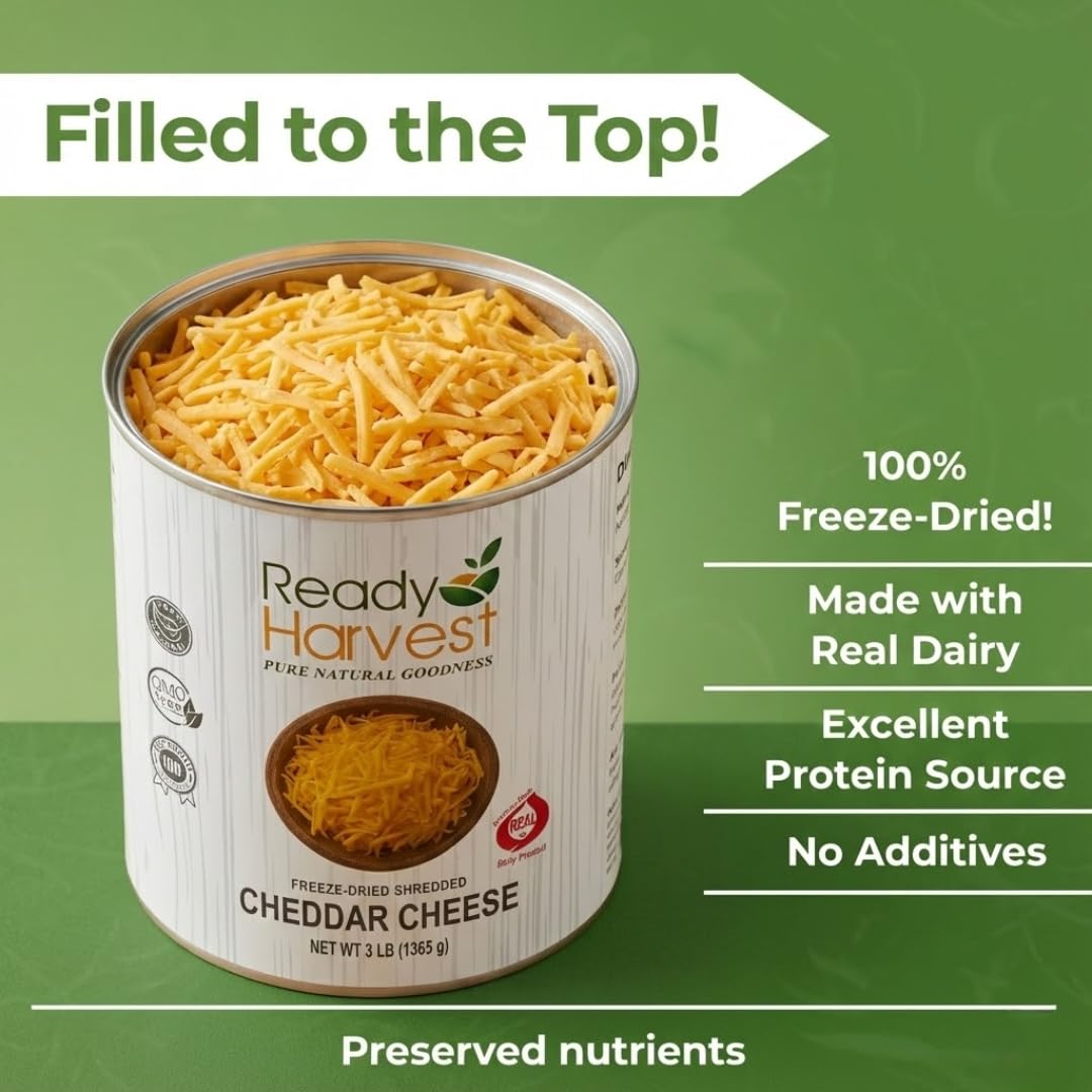 Ready Harvest cheddar shredded close-up showing texture suitable for rehydration.