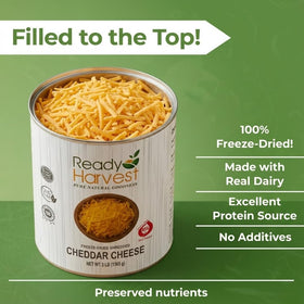 Ready Harvest cheddar shredded close-up showing texture suitable for rehydration.