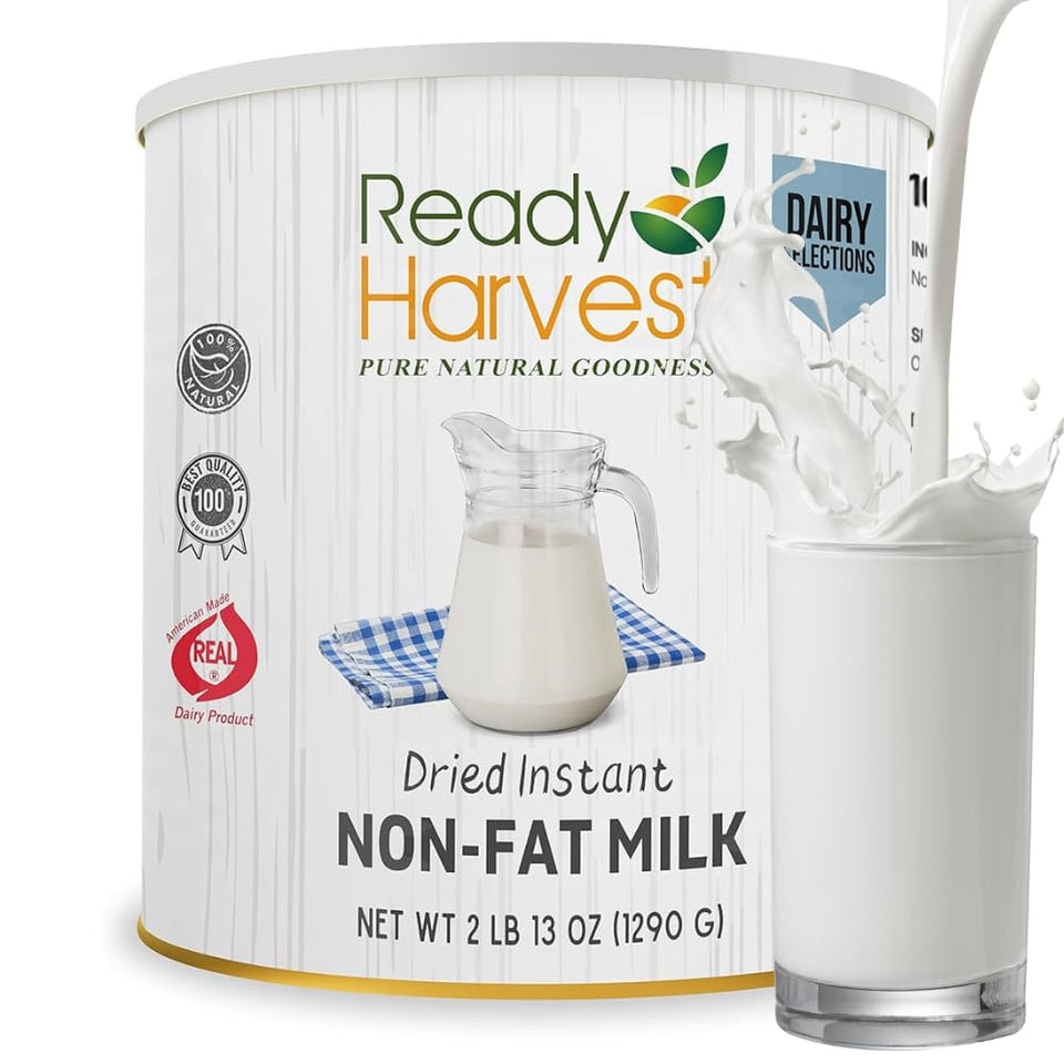 Ready Harvest emergency milk powder can top showing long shelf life and sturdy packaging