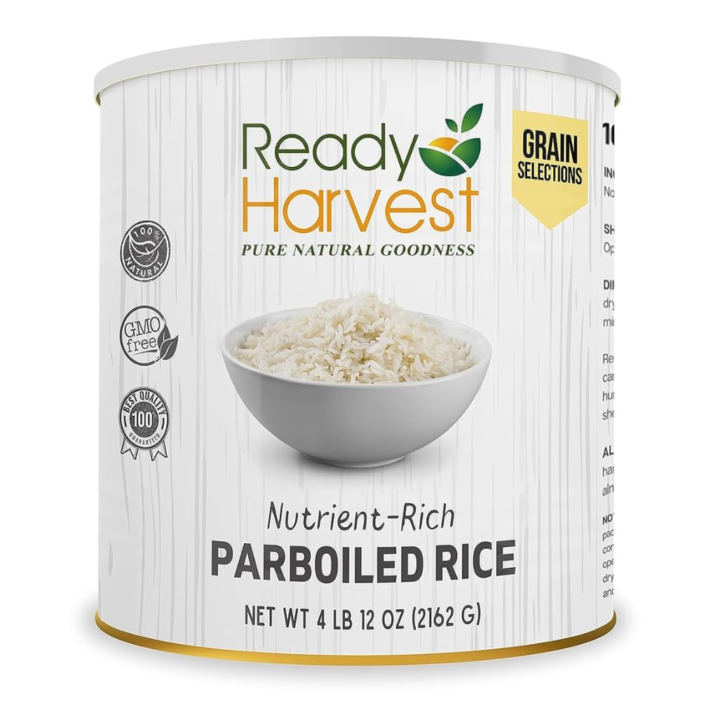Ready Harvest Emergency Rice parboiled white can top, quick meals and long shelf life.
